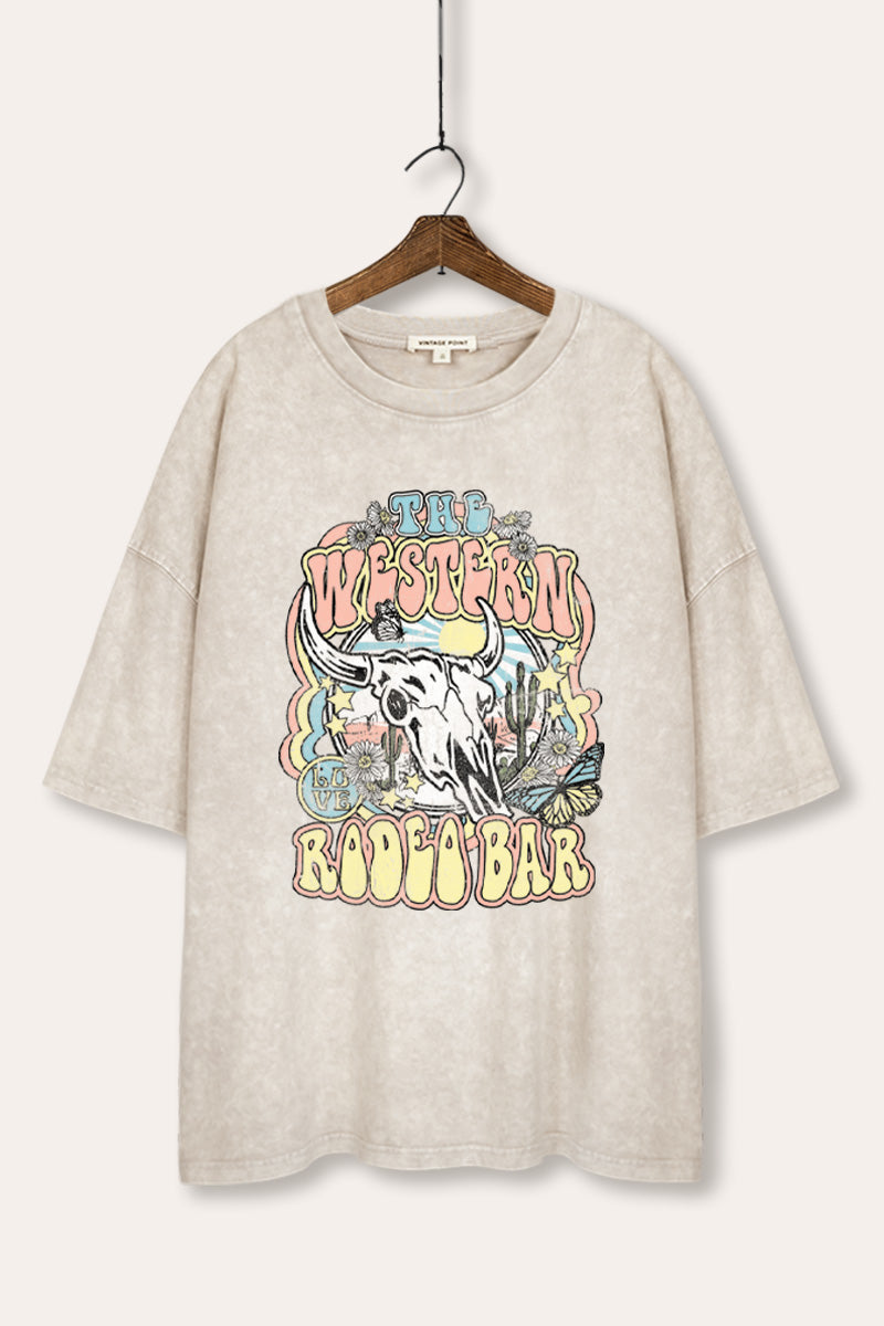 Western Rodeo Bar Retro Graphic Mineral Wash Oversized Tee
