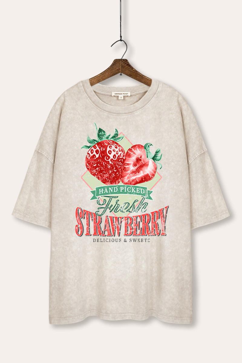 Distressed Strawberry Fruit Graphic Mineral Wash Oversized Tee