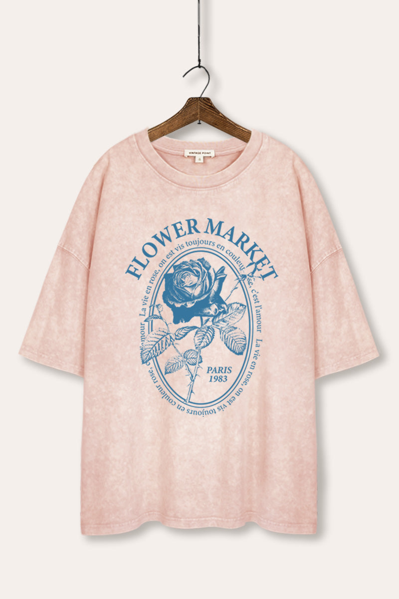 rose flower market graphic mineral wash oversized tee