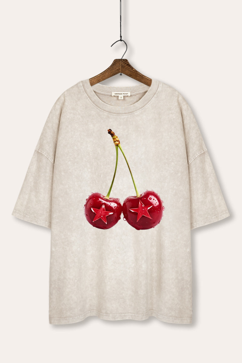 Cherry Star Fruit Graphic Mineral Wash Oversized Tee