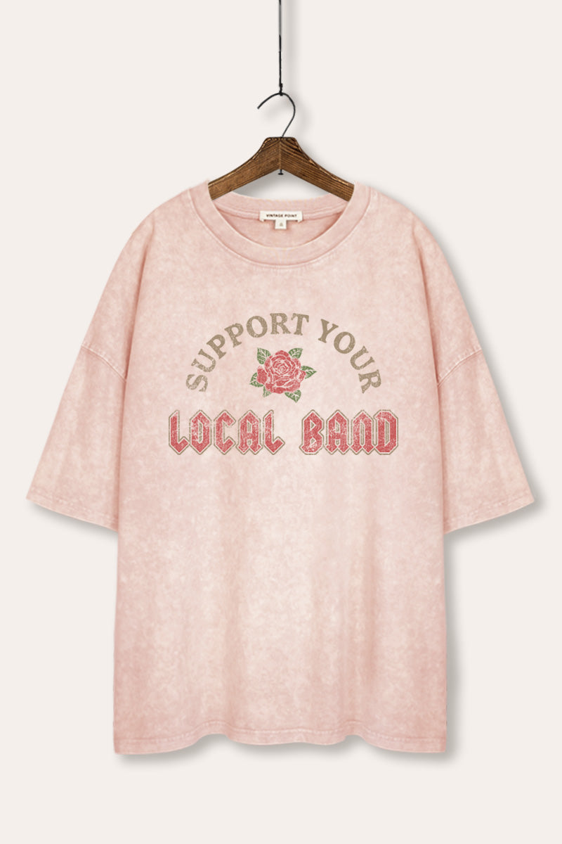 Support Your Local Band Rose Graphic Mineral Wash Oversized Tee