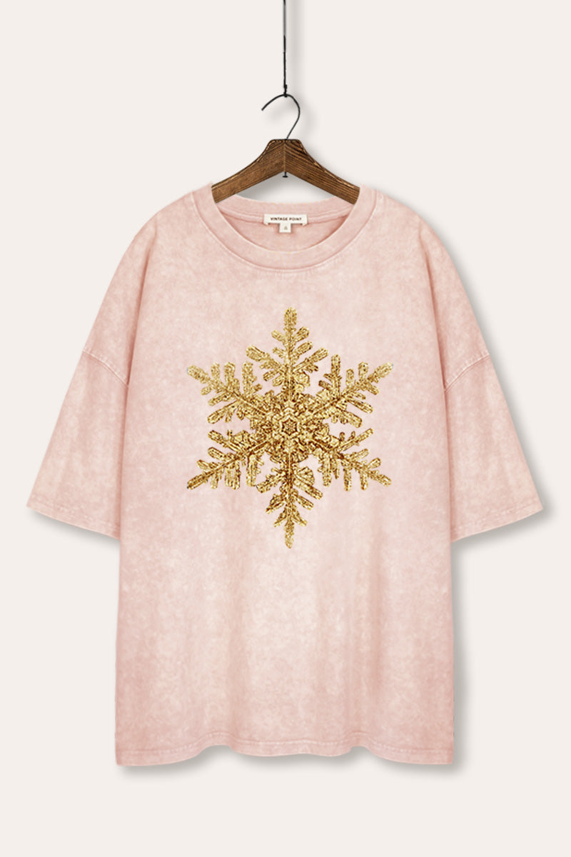 Gold Snowflake Christmas Graphic Mineral Wash Oversized Tee