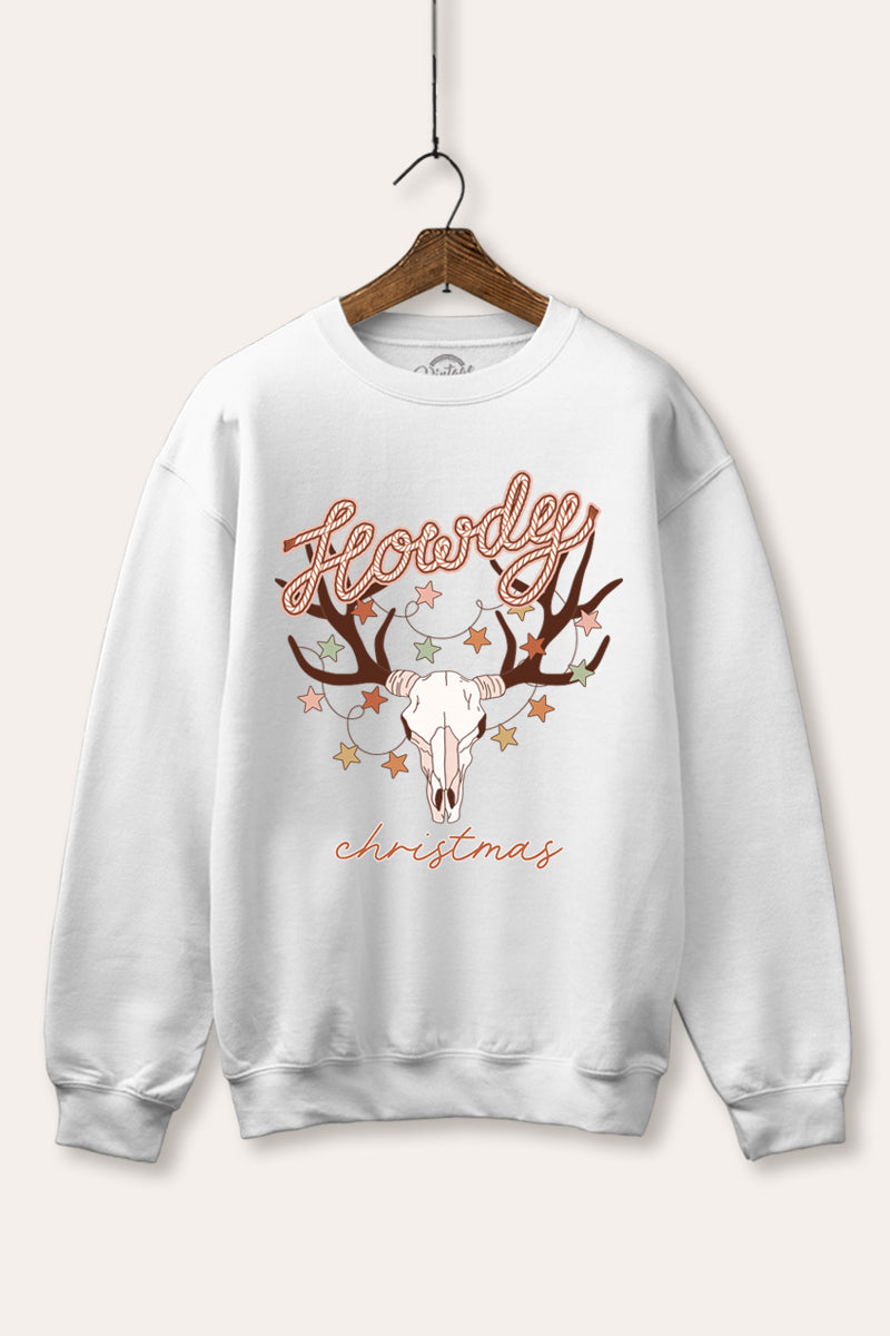 "howdy christmas" cow skull western graphic fleece sweatshirt