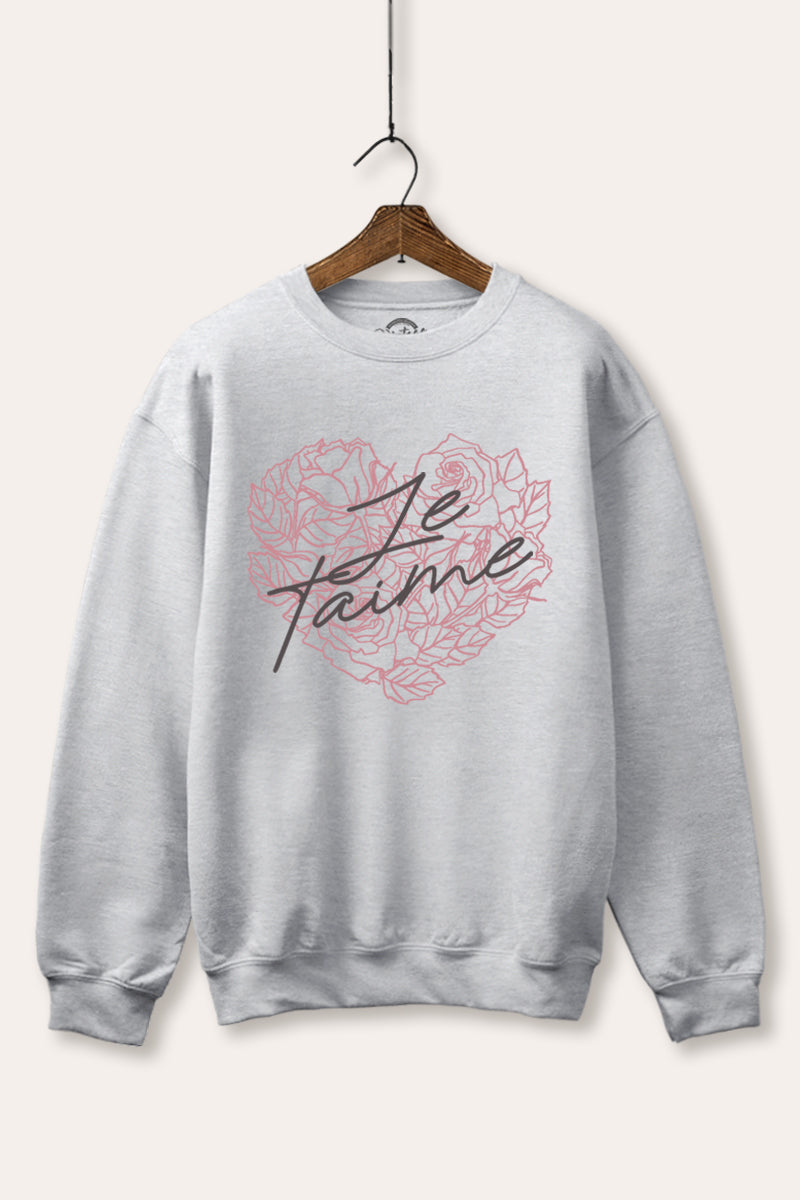 Je T'aime Flower Heart Graphic Fleece Sweatshirt