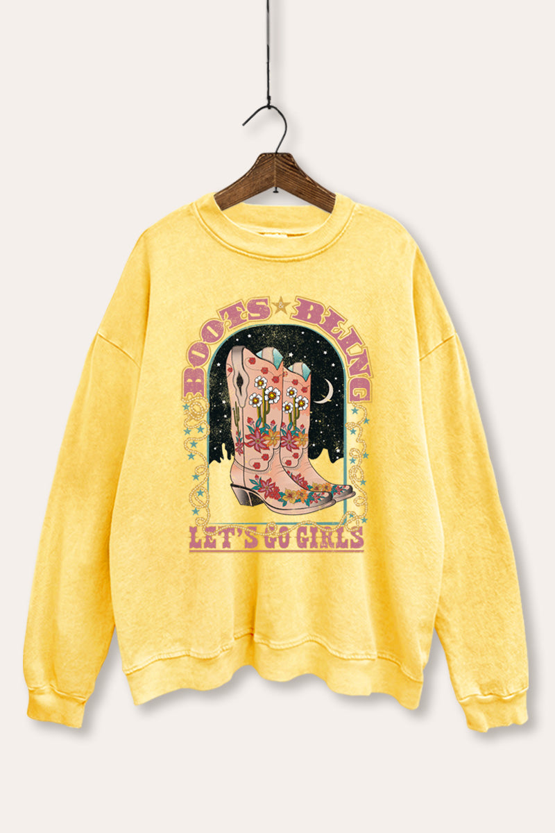 "let's go girls" retro cowboy boots mineral wash graphic sweatshirt