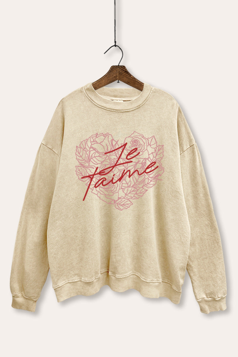 Je T'aime Rose Heart Graphic Mineral Wash Sweatshirt