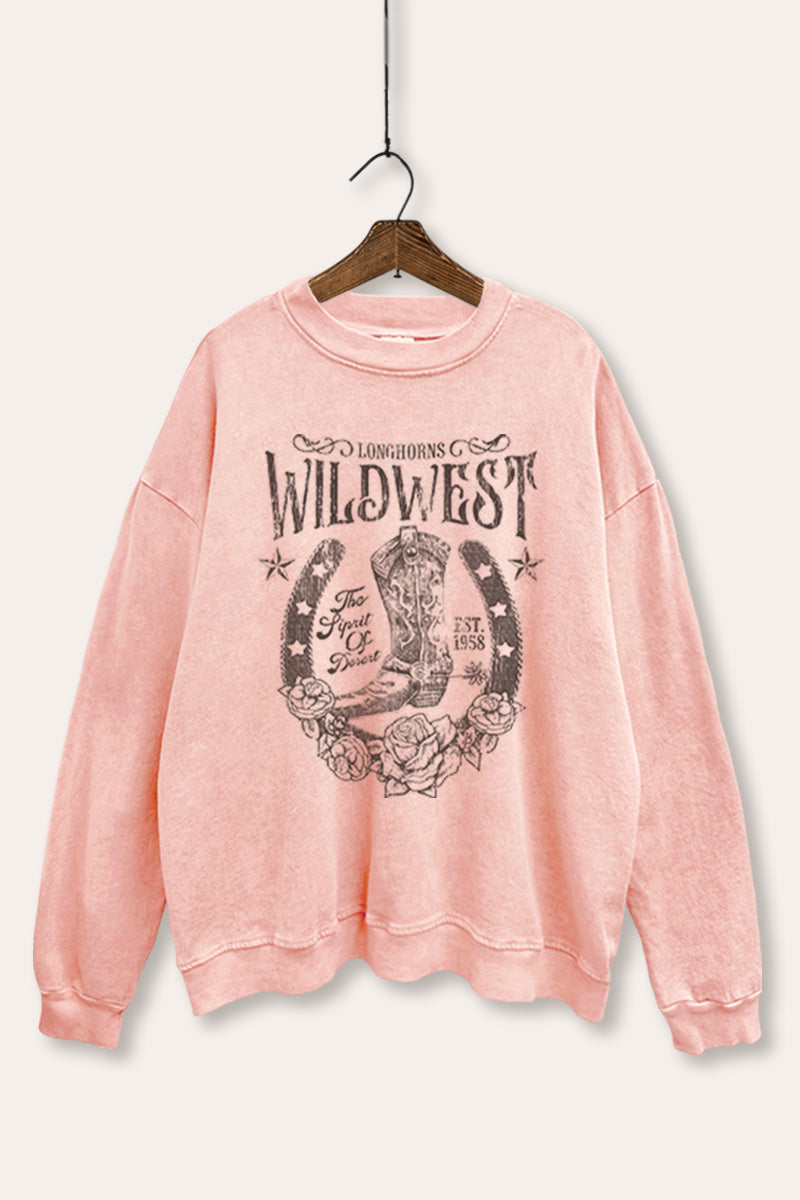 "wild west" cowboy boots graphic mineral wash sweatshirt