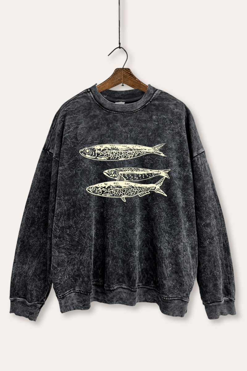 Ocean Inspired Sardines Graphic Mineral Wash Sweatshirt