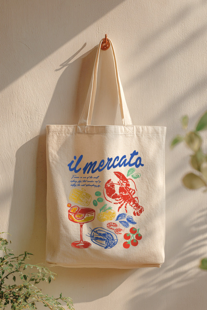 The Market Lobster Coastal Graphic Canvas Tote Bag