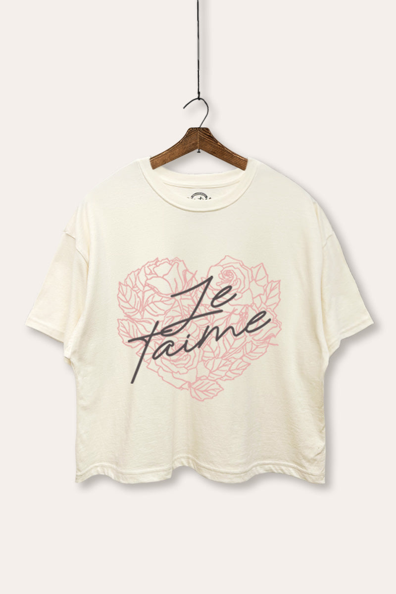 "je t'aime" rose heart graphic boxy crop top