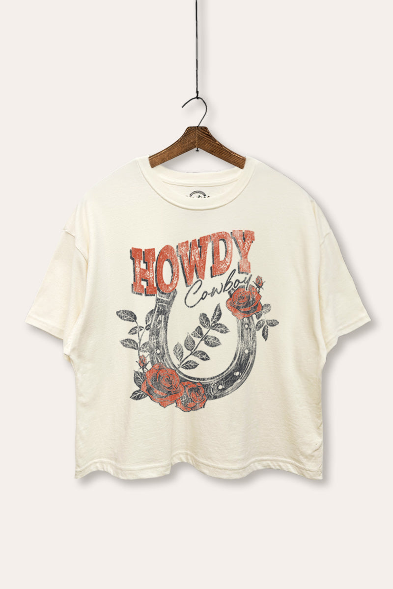 Howdy Cowboy Horseshoe Rose Graphic Boxy Crop Top