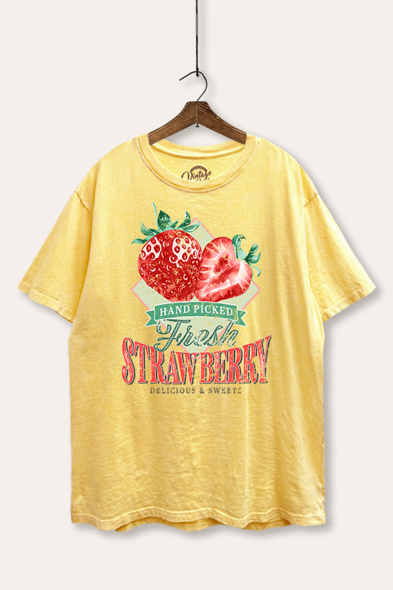 Distressed Strawberry Fruit Graphic Mineral Wash Boxy Tee