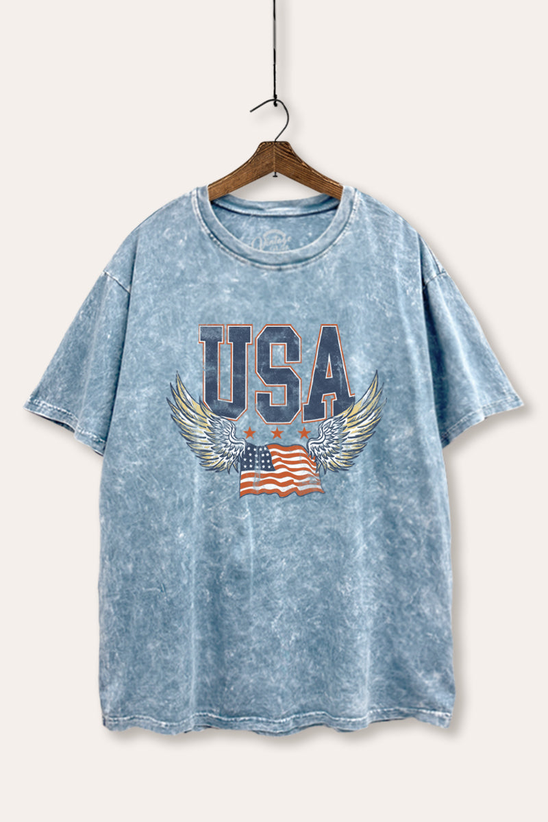 USA Flag Wings Of Freedom Graphic Mineral Wash Boxy Tee