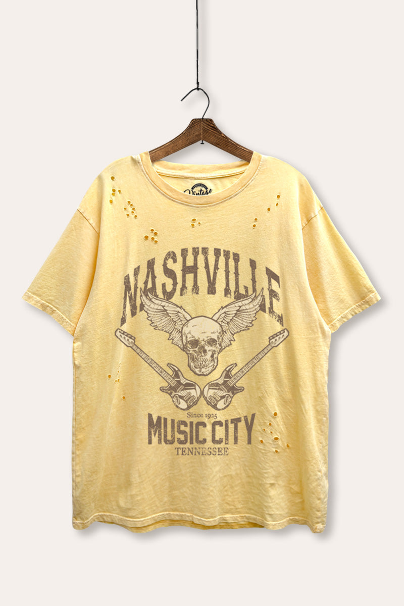 nashville music city graphic mineral wash laser distress tee