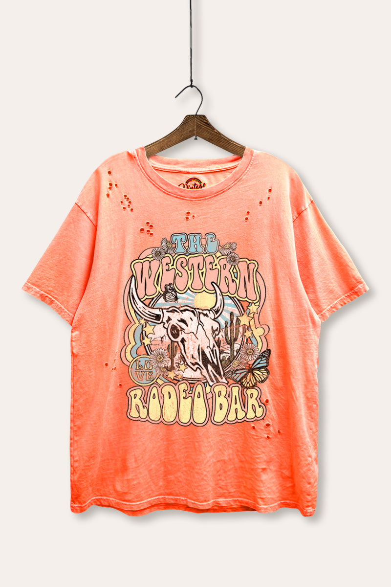 Western Rodeo Bar Retro Graphic Mineral Wash Distress Tee