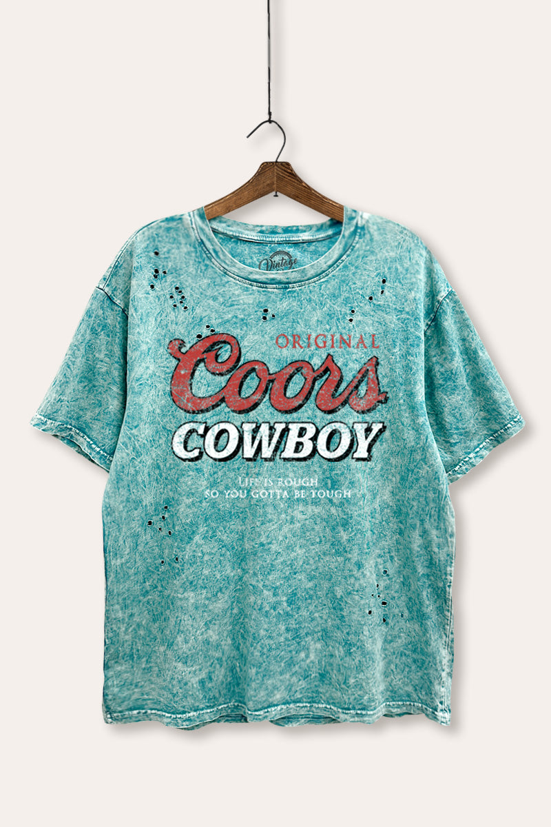 "coors cowboy" mineral wash laser distress graphic tee