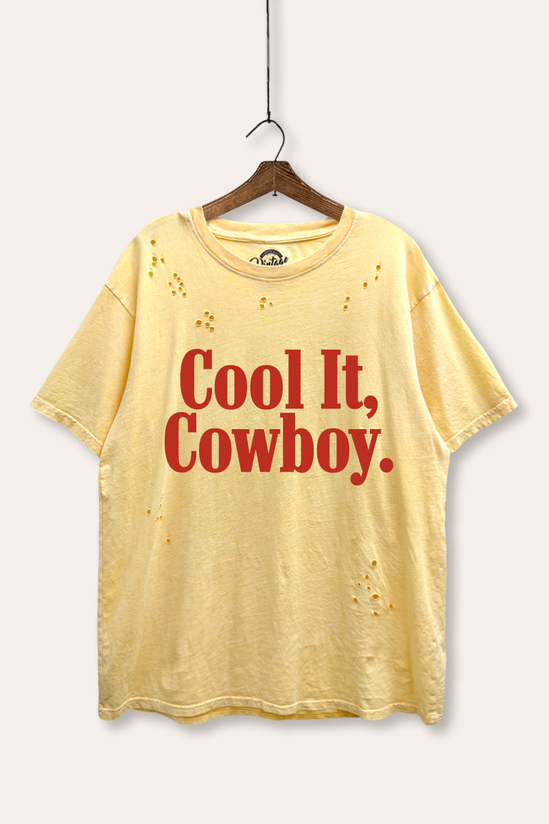 "cool it cowboy" mineral wash laser distress graphic tee