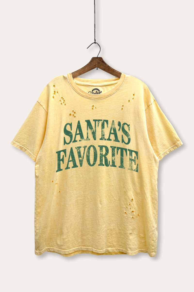 "santa's favorite" stacked graphic mineral wash laser distress tee