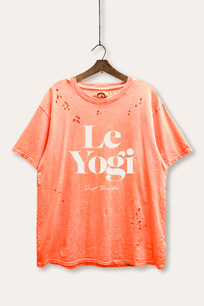 Le Yogi "Just Breathe" Graphic Mineral Wash Distress Tee