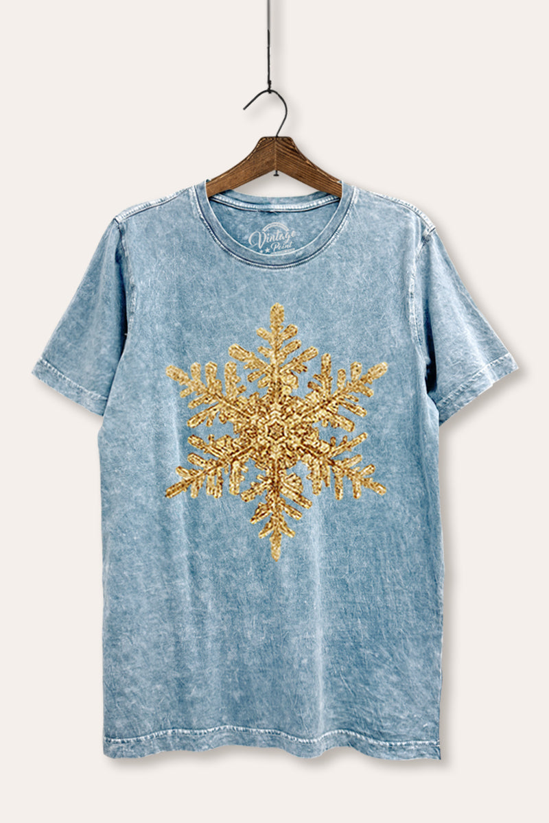 Gold Snowflake Holiday Graphic Mineral Wash Relaxed Tee
