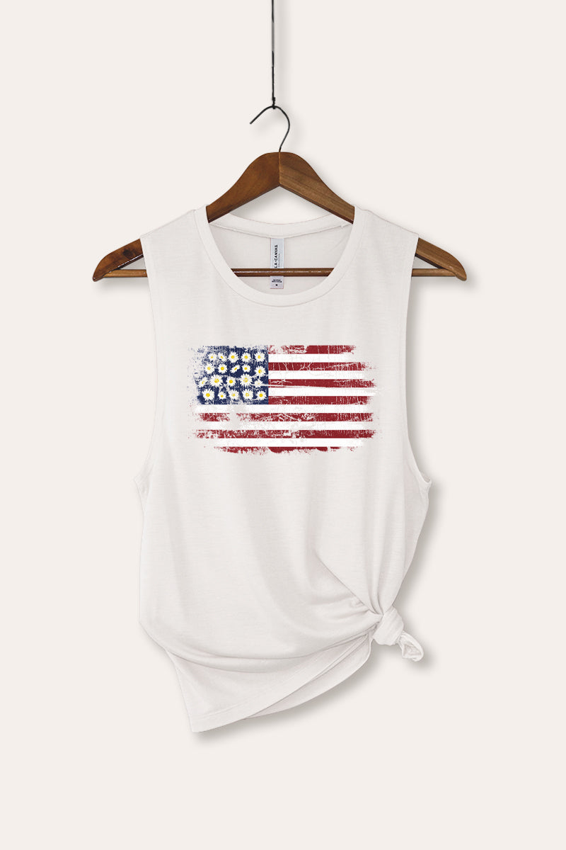 Distressed Floral USA Flag Graphic Women's Jersey Tank Top