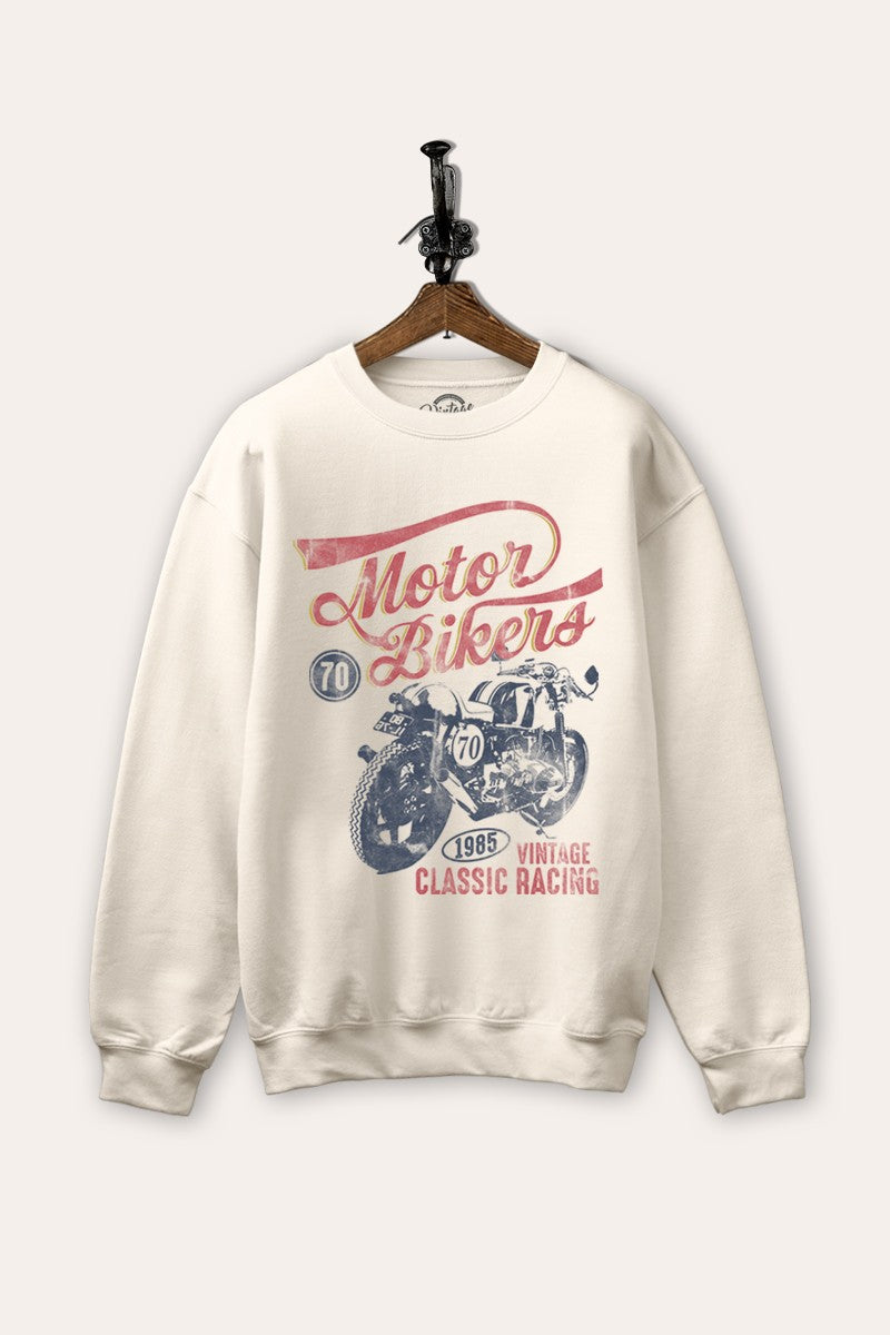 motorcycle "vintage riding" graphic fleece sweatshirt