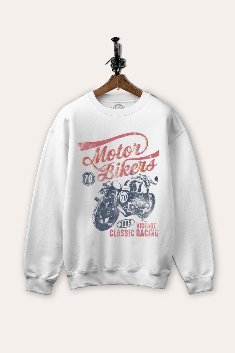 motorcycle "vintage riding" graphic fleece sweatshirt