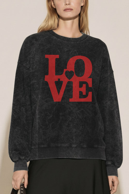 "love" heart graphic mineral wash sweatshirt