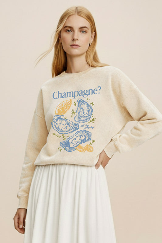 "champagne" oyster graphic mineral wash sweatshirt