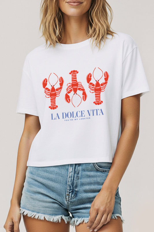 "la dolce vita" lobster graphic boxy crop top