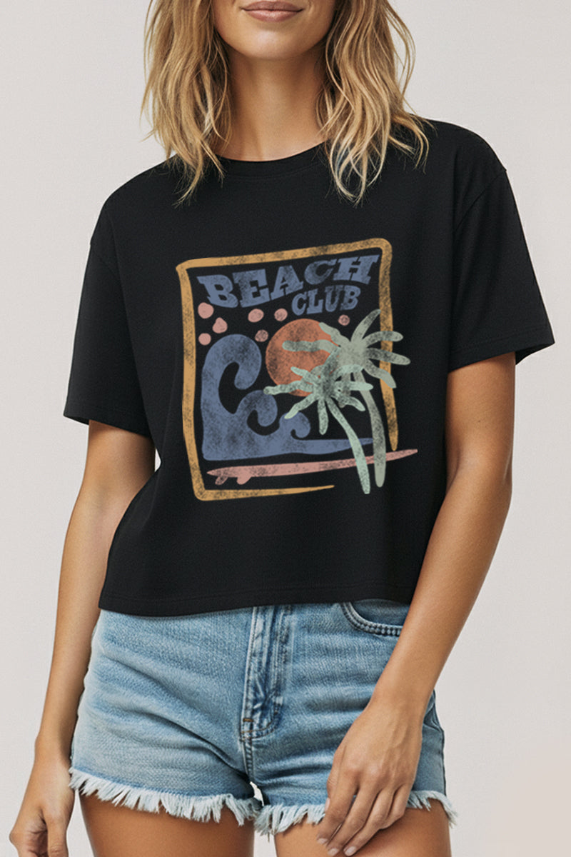 "beach club" graphic boxy crop top