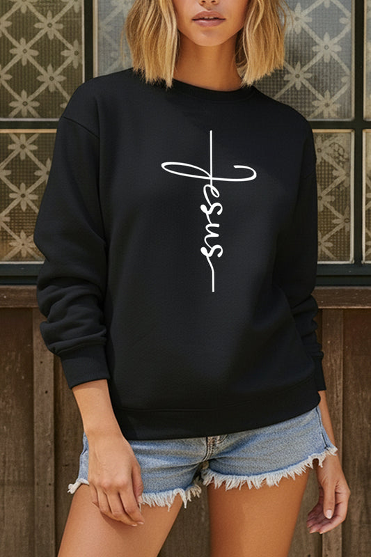 Jesus Cross Typography Fleece Sweatshirt