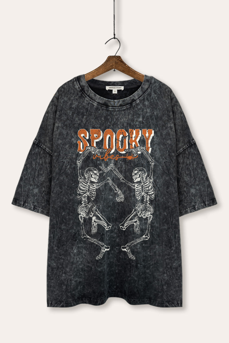 Halloween Spooky Skeletons Graphic Mineral Wash Oversized Tee