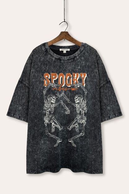 Halloween Spooky Skeletons Graphic Mineral Wash Oversized Tee