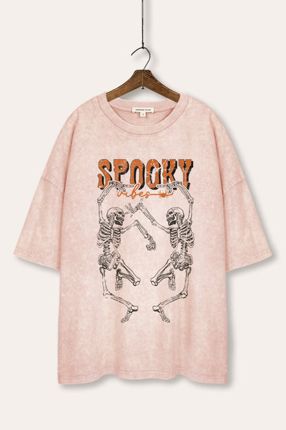 Halloween Spooky Skeletons Graphic Mineral Wash Oversized Tee