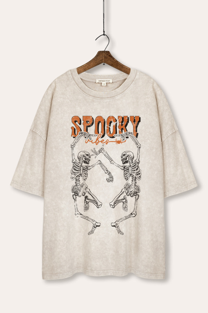 Halloween Spooky Skeletons Graphic Mineral Wash Oversized Tee