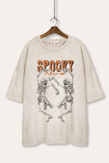 Halloween Spooky Skeletons Graphic Mineral Wash Oversized Tee
