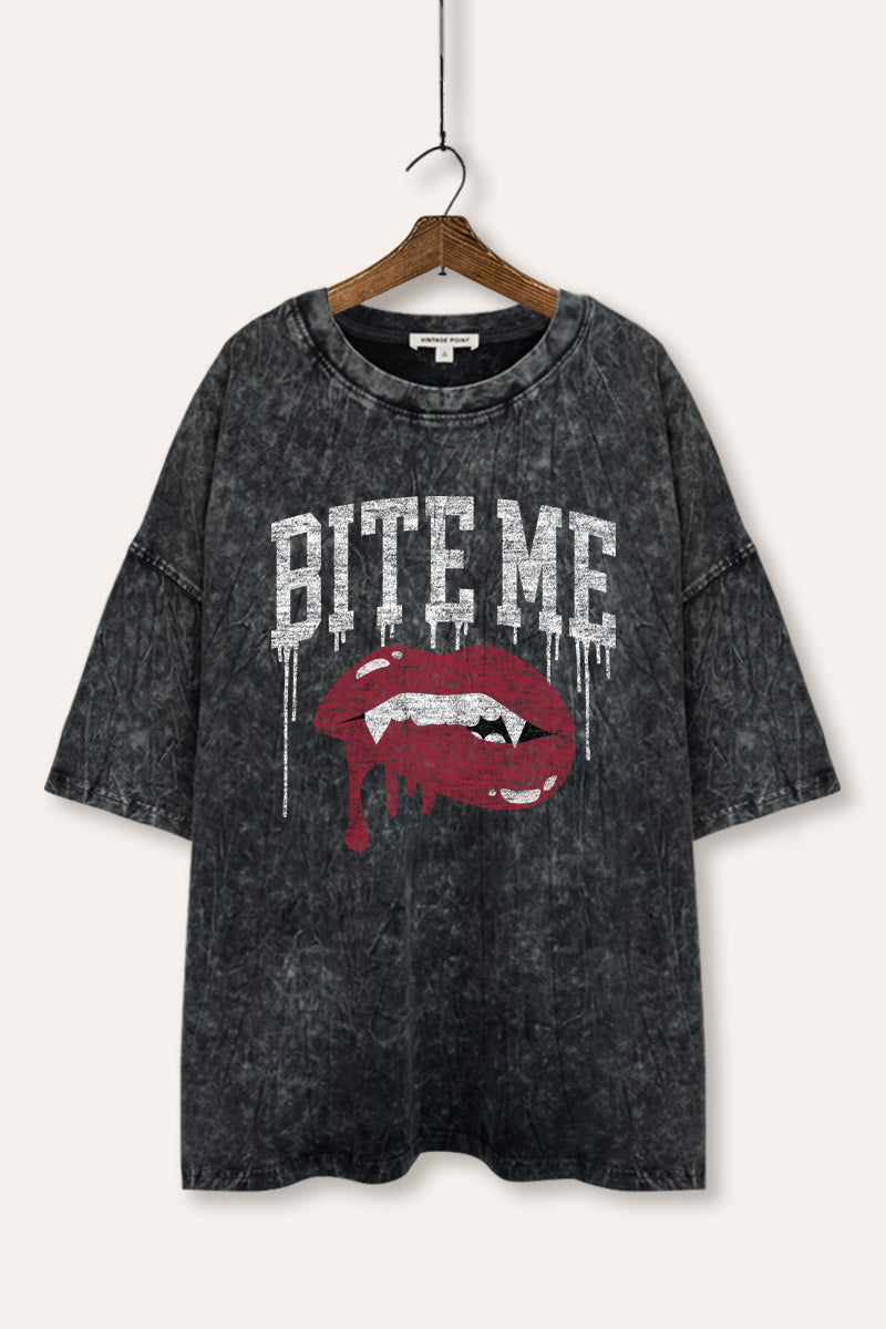 Bite Me Vampire Lips Graphic Mineral Wash Oversized Tee