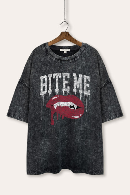 Bite Me Vampire Lips Graphic Mineral Wash Oversized Tee