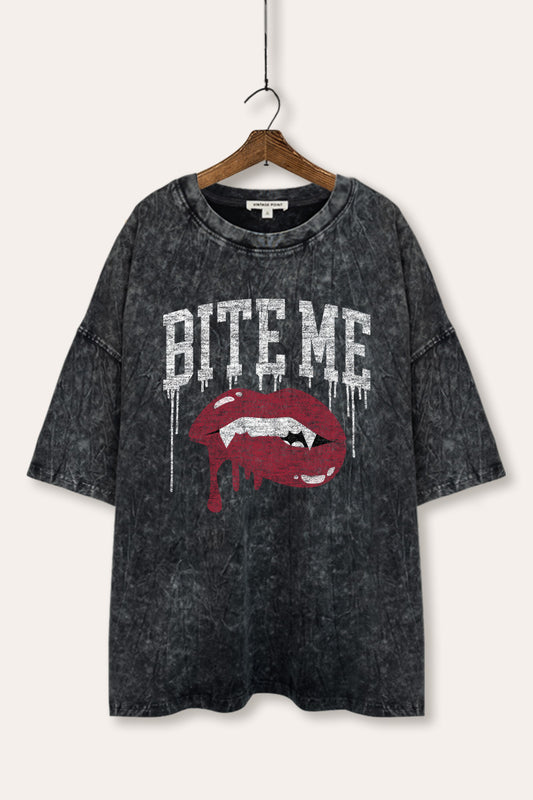"bite me" vampire lips oversize mineral wash graphic tee