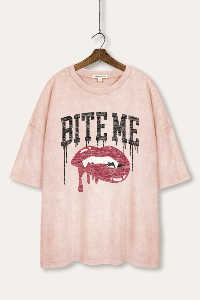 Bite Me Vampire Lips Graphic Mineral Wash Oversized Tee