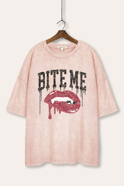 Bite Me Vampire Lips Graphic Mineral Wash Oversized Tee