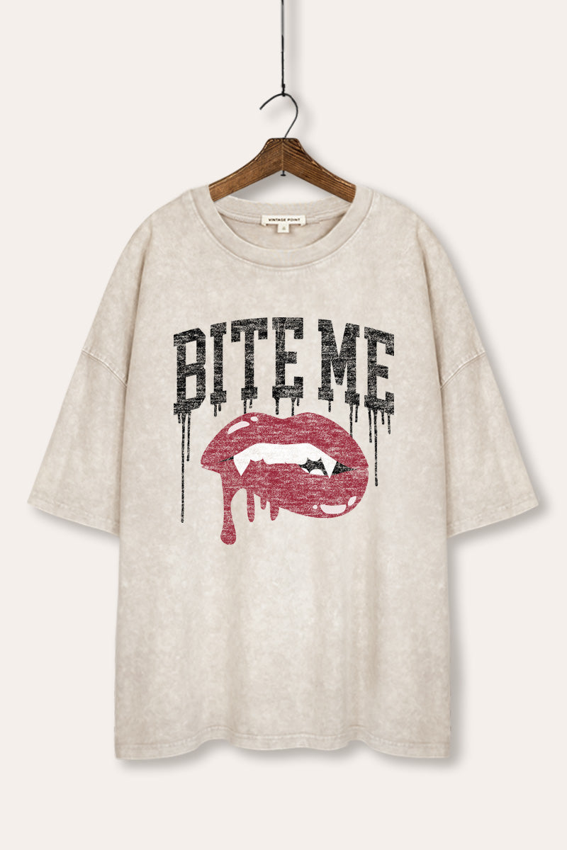 Bite Me Vampire Lips Graphic Mineral Wash Oversized Tee