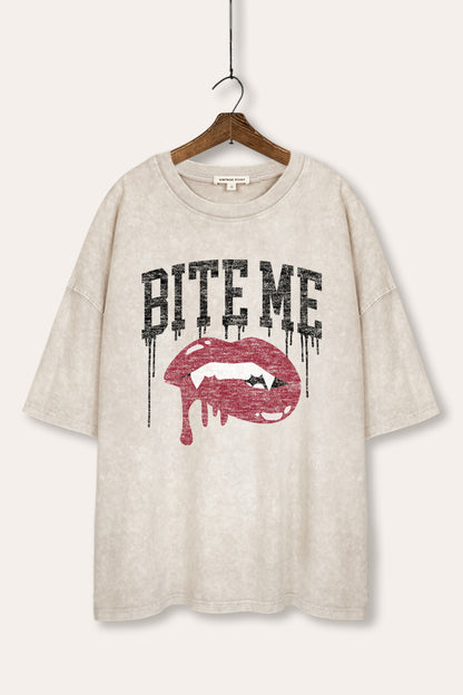 Bite Me Vampire Lips Graphic Mineral Wash Oversized Tee