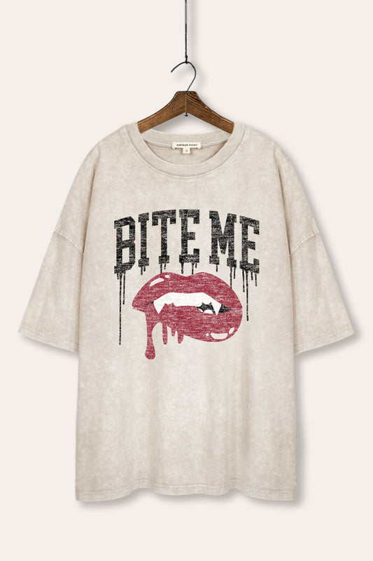 "bite me" vampire lips oversize mineral wash graphic tee