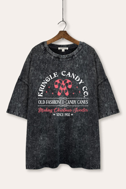Christmas Candy Cane Graphic Mineral Wash Oversized Tee