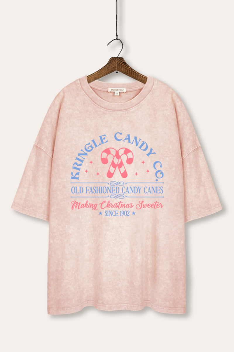 mineral wash oversized christmas candy cane graphic tee