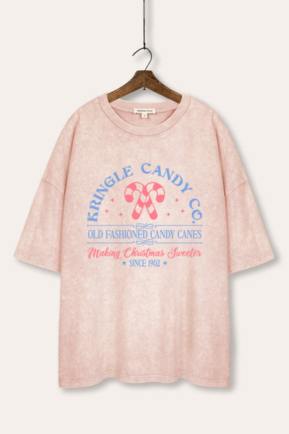 Christmas Candy Cane Graphic Mineral Wash Oversized Tee