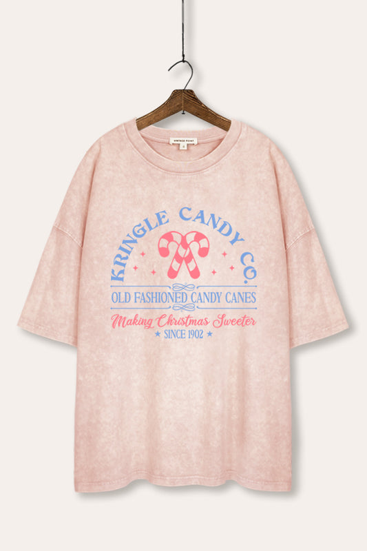 mineral wash oversized christmas candy cane graphic tee