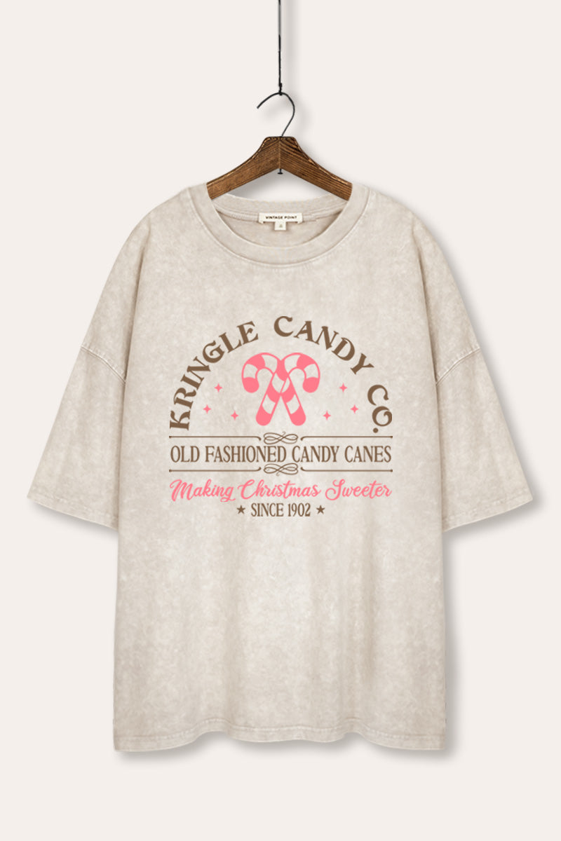 mineral wash oversized christmas candy cane graphic tee